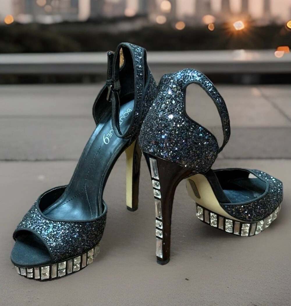 Boutique 9 Black Glitter Platform Stilettos Size 8.5 Rhinestone Heels